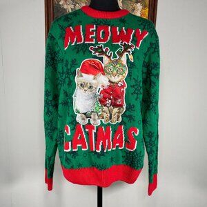 Ugly Party Sweater Top Women's Large Meowy Catmas Merry Christmas Green Red